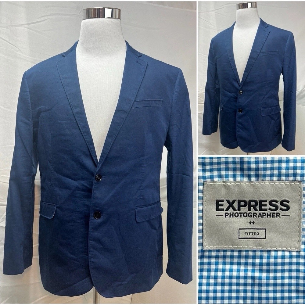 Men's EXPRESS Photographer Fitted Navy Blue Cotton Blend 38R Blazer Jacket‎ Coat